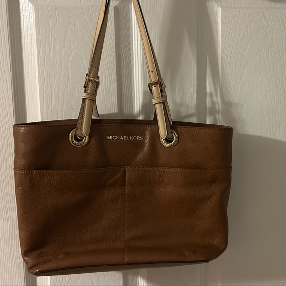 Michael Kors Brown Leather Shoulder Tote with Tan Straps
